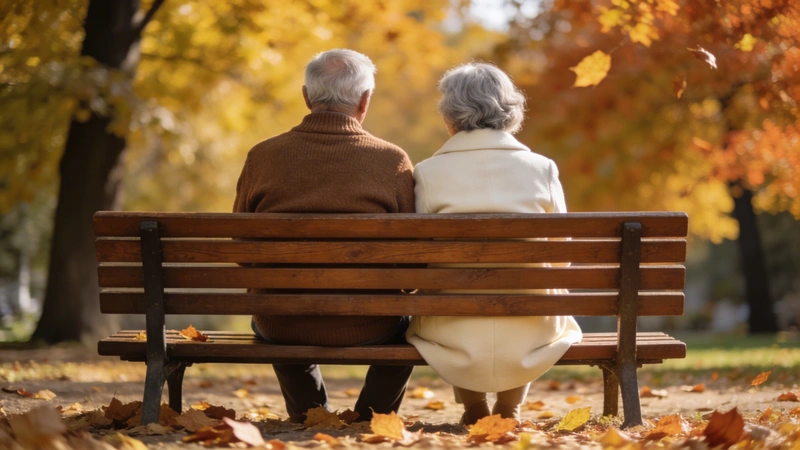 Starší pár sediaci na lavičke v parku