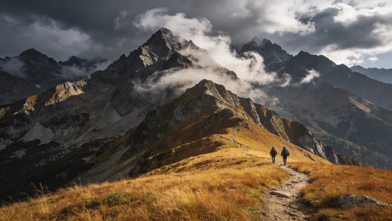 Panoramatický pohľad na Vysoké Tatry s dramatickými vrcholmi a turistami na horskej ceste