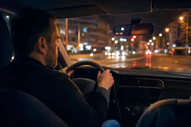 Taxikár za volantom auta v noci v meste.