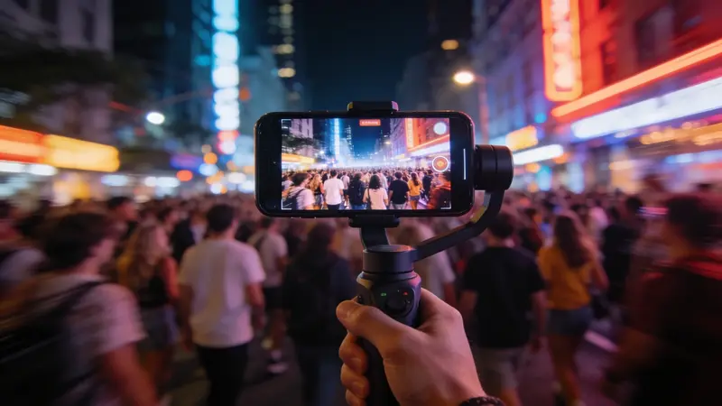 Telefón na stabilizátore live-streamuje veľký dav ľudí na mestskej ulici večer