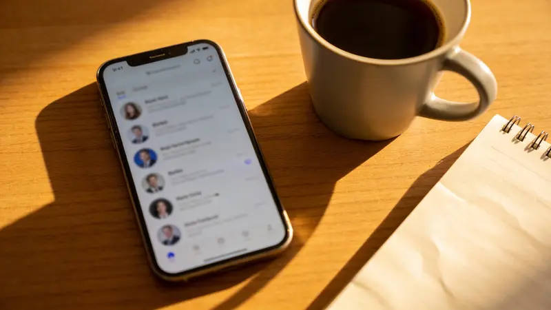 Telefón na stole s profesionálnou sociálnou sieťou vedľa šálky kávy