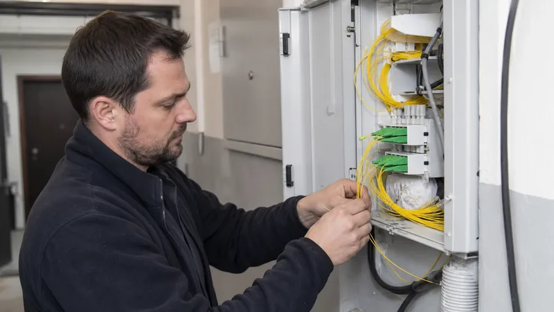 Technik pracuje s optickými vláknami v domovom rozvádzači