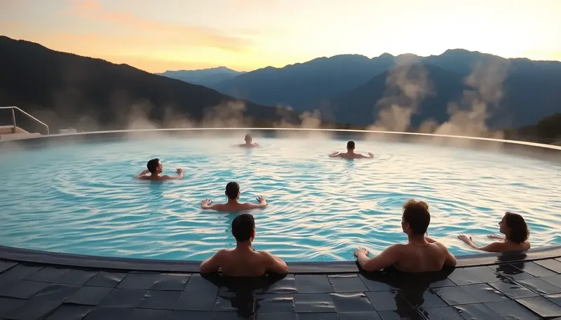 Ľudia v termálnom bazéne s výhľadom na hory
