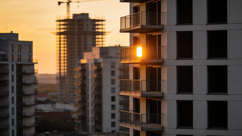 Panoráma moderných bytoviek pri západe slnka, väčšina okien tmavá a prázdna, jeden balkón s rozsvietením