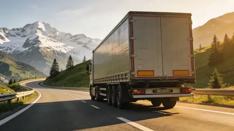 Vodič kamiónu v kabíne moderného európskeho ťahača s rukami na volante a alpskou cestou v pozadí