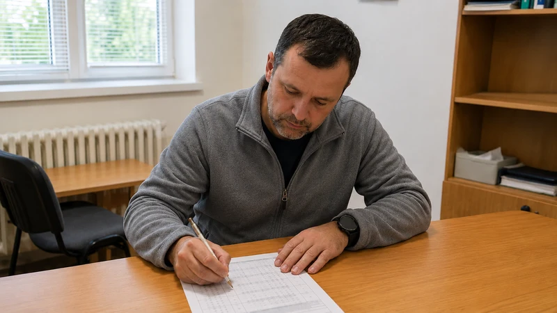 Muž v strednom veku vypĺňa ceruzkou dotazník pri stole v kancelárii dopravného psychológa