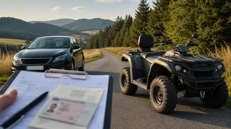 Štvorkolka a auto na ceste pri dokladoch a vodičskom preukaze