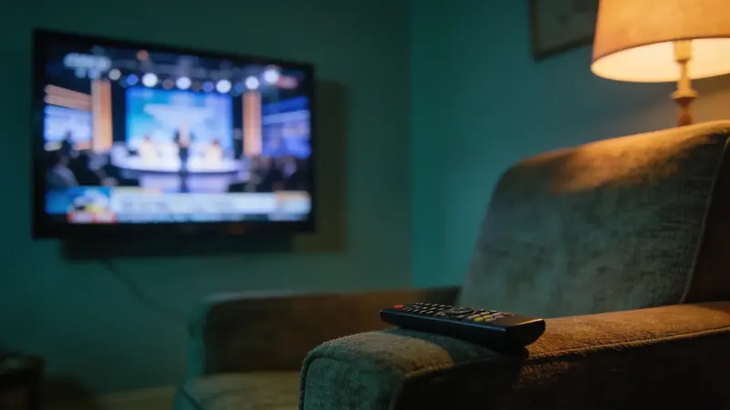 Televízna obrazovka so živým vysielaním v tmavej obývačke, na stolíku diaľkový ovládač