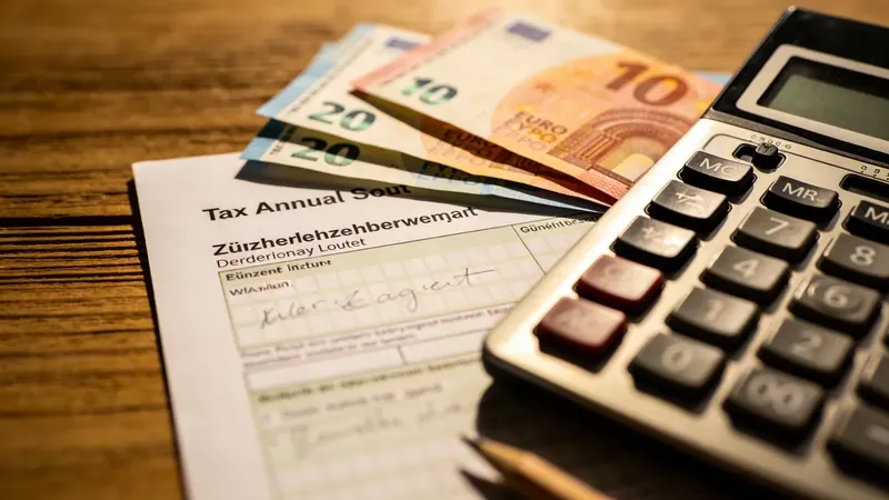 Eurobankovky a rakúske daňové dokumenty L16 na stole pri počítaní vráteného preplatku zo Steuerausgleich