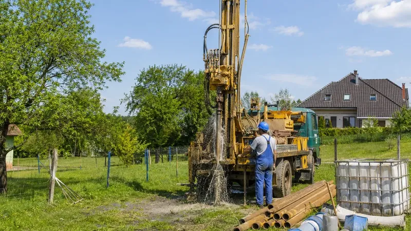 Vŕtacia súprava na pozemku pri vŕtaní studne v dedinskej zástavbe