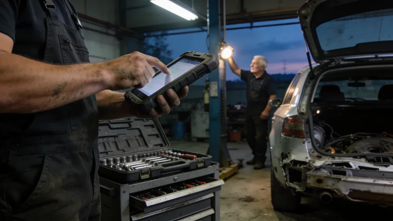 Automechanik na konci zmeny zaznamenáva dokončenú prácu do tabletu
