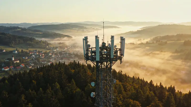 Telekomunikačný vysielač na kopci nad slovenskou dedinou v podvečernom svetle