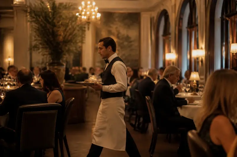 Čašník s podnosom obsluhuje hostí v elegantnej reštaurácii.