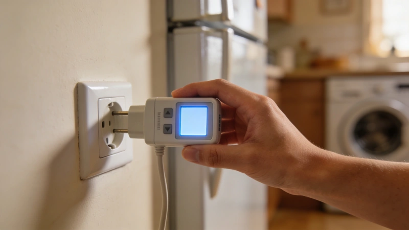 Ruka drží digitálny wattmeter zapojený do bielej zásuvky s rozmazaným domácim pozadím