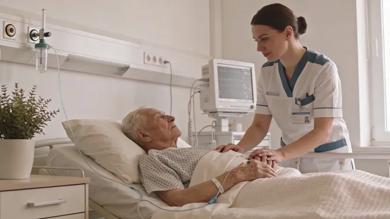 Slovenská zdravotná sestra v rakúskej nemocnici pri starostlivosti o pacienta v modernej oddelenej izbe