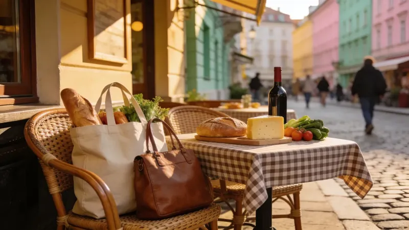 Pohľad na viedenskú ulicu s kaviarňami, nákupnými taškami a cenovou tabuľou potravín
