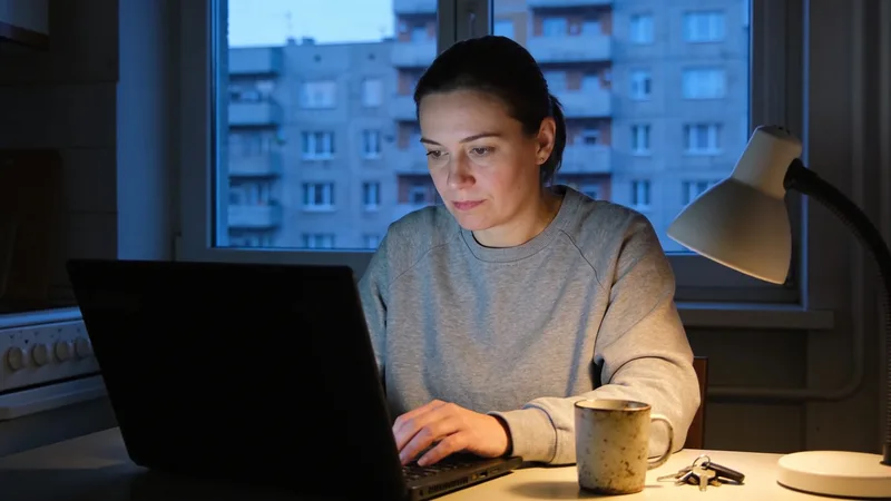 Žena si večer v panelákovom byte upravuje životopis na notebooku