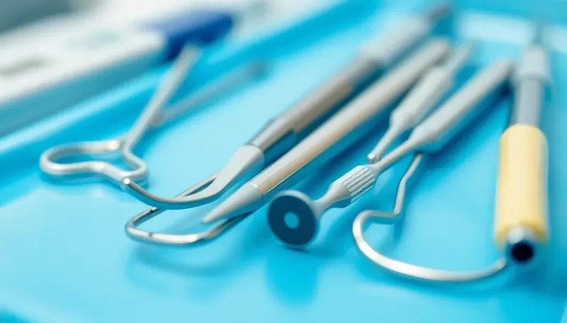 Zubárske nástroje na modrej podložke