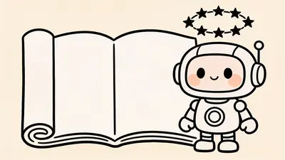 Kreslený robot s knihou pravidiel a kruhom hviezd EÚ, ilustrácia k regulácii umelej inteligencie