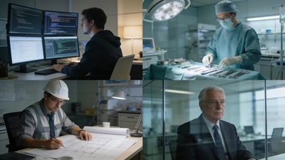Rôzne pracovné nástroje - laptop, lekárske vybavenie, zváracia maska - symbolizujúce rôzne profesie s vysokým platom