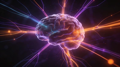 Abstraktný záber mozgu so svetelnými spojeniami znázorňujúci neurobiológiu ADHD