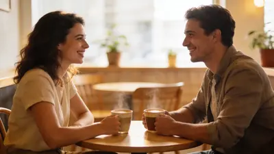Dvaja ľudia na kávovej prestávke počas prvého rande