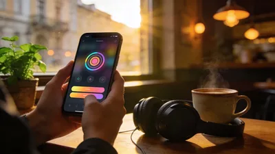 Smartfón s otvorenou jazykovou aplikáciou v rukách, slúchadlá a káva v útulnej kaviarni