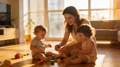Mladá au-pair sa hrá s dvomi deťmi v svetlej nemeckej obývačke