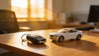 Kľúče od auta a model auta na stole – koncept autopoistenia
