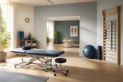Svetlá rehabilitačná miestnosť s lehátkom a cvičebnými pomôckami