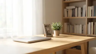 Zavretý notebook a rámček s fotografiou na stole v tichom domácom byte.