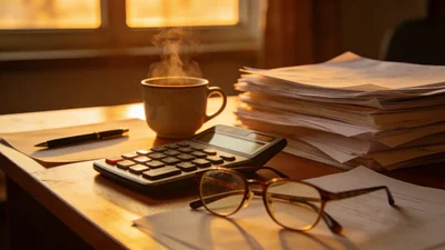 Živnostník pri práci s daňovými dokladmi a kalkulačkou