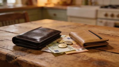 Dve peňaženky vedľa seba na kuchynskom stole, symbol delenia financií vo dvojici