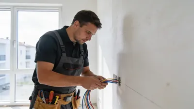 Slovenský elektrikár pri inštalácii rozvádzača v rakúskom novostavbe pri použití profesionálneho náradia