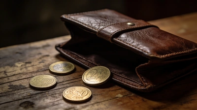 Prázdna peňaženka s euromincami na starom drevenom stole