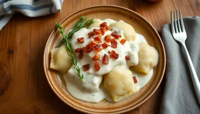 Halušky s bryndzou a slaninou na keramickom tanieri