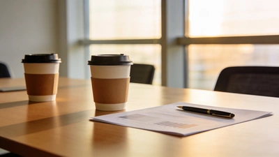 Kancelársky stôl s dokumentmi a kávou pri rokovaní o plate