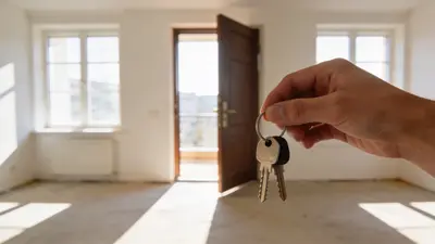 Kľúče od bytu pred otvorenými dverami do prázdneho bytu