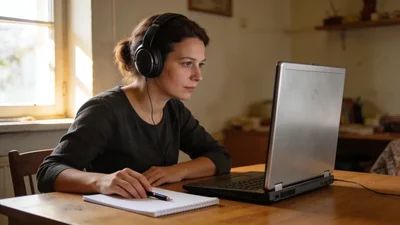 Žena so slúchadlami sedí pri stole s notebookom a papierovým blokom