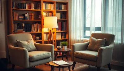 Dve kreslá v psychologickej poradni s knižnicou a lampou