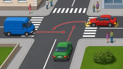 Ilustračná testová križovatka z pohľadu zhora, tri autá so smerovými šípkami znázorňujúcimi odbočovanie a jazdu rovno