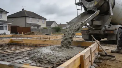 Domiešavač vylieva čerstvý betón do debnenia na stavbe rodinného domu