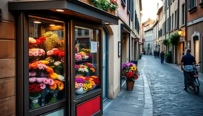 Automat s farebnými kyticami na mestskej ulici