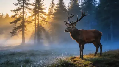 Jeleň na okraji lesa pri svitaní