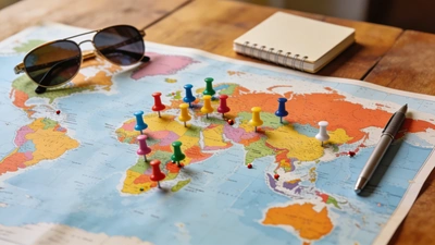 Mapa sveta so špendlíkmi označujúcimi cestovateľské destinácie