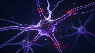 Abstraktná neurónová sieť s rozbitými uzlami a glitch efektmi na tmavomodrom pozadí