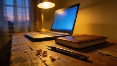 Vzdelávanie - notebook a zošit pri večernom štúdiu doma