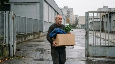 Starší pracovník s krabicou osobných vecí odchádza bránou z areálu podniku.