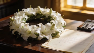 Náklady na pohreb – dokumenty a biely veniec na stole