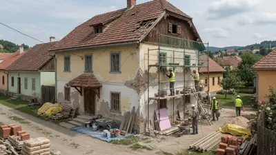 Starý slovenský dom v rekonštrukcii so stavebným materiálom a lešením
